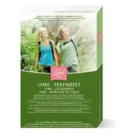 Product packaging with a scenic image of two people hiking and text on a white background
