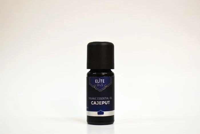 Bottle of Elite Oils Cajeput essential oil on a white background
