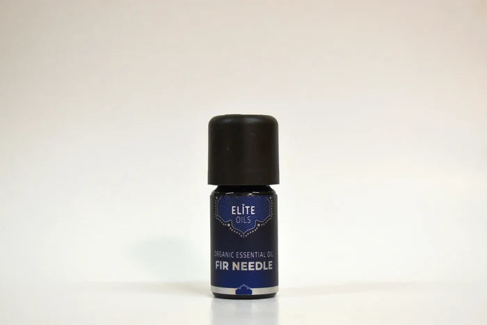 Bottle of Elite Oils Fir Needle essential oil on a white background