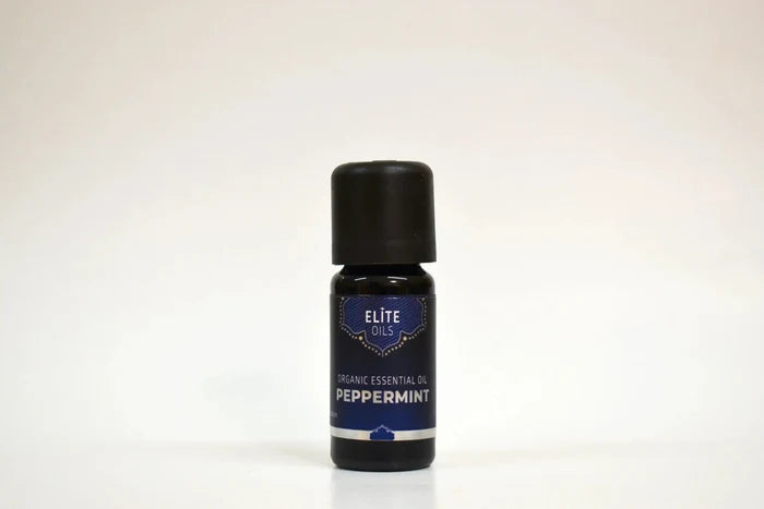 Peppermint essential oil bottle by Elite Oils on a white background