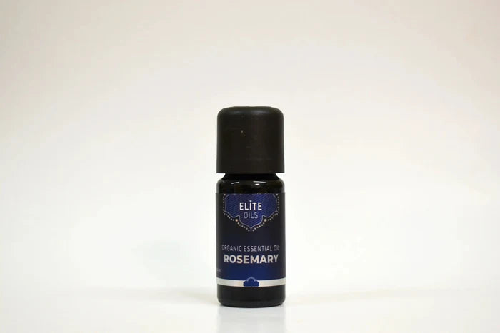 Bottle of Elite Oils Rosemary essential oil on a white background