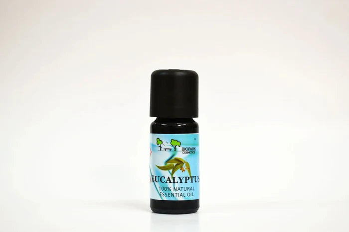 Bottle of eucalyptus essential oil on a white background