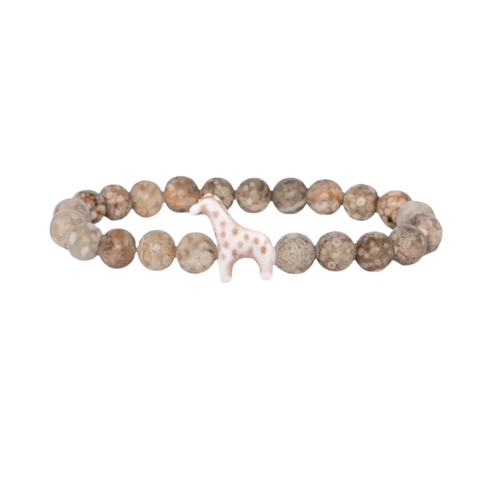 Bracelet with  Moon Stone beads and a small giraffe charm on a white background