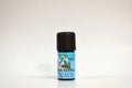 Essential oil bottle with a blue label on a white background