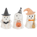 Three Halloween-themed plush toys with ghost costumes and accessories on a white background