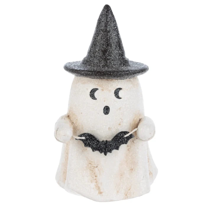 Halloween-themed figurine with a witch hat and bat on a white background