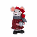 Decorative mouse figurine wearing a red outfit with a gray scarf and holding a silver ball on a white background