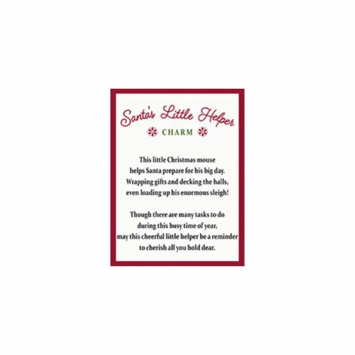 Text card with 'Santa's Little Helper Charm' description on a white background