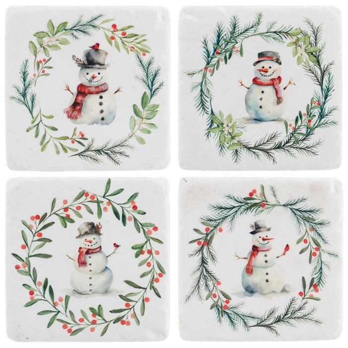 This Ganz Snowman with Wreath Coaster 4-piece set adds a cheerful winter touch to your home décor.