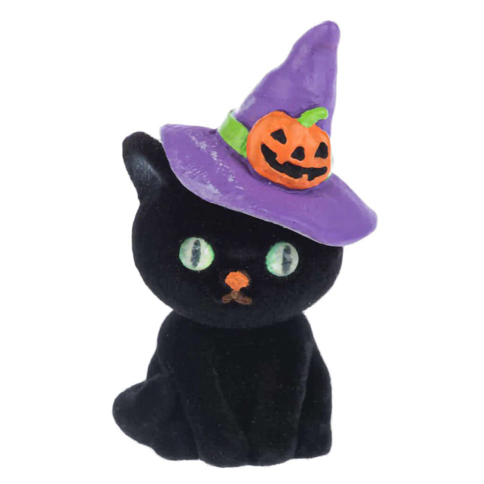 Black cat plush mini charm figurine  with a purple witch hat featuring a pumpkin on a black background