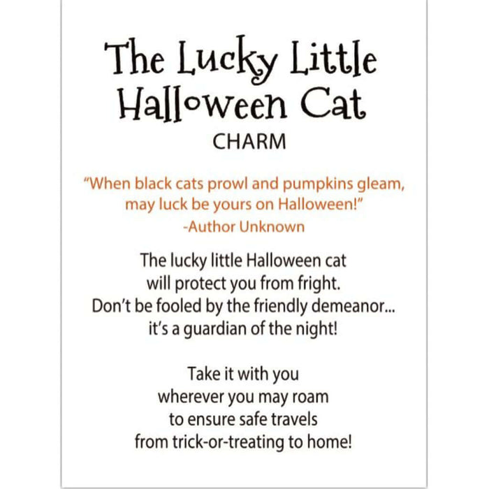 Text describing a Halloween charm with a cat theme on a white background