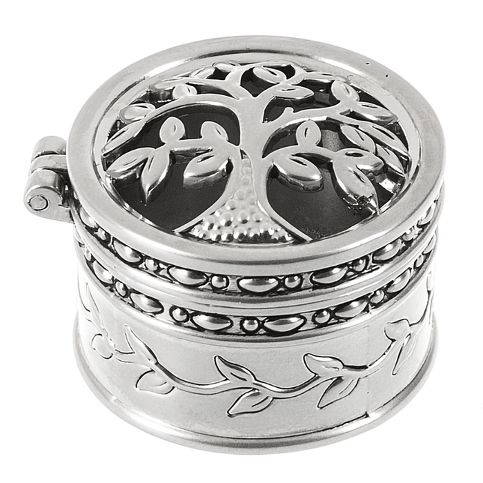 Silver decorative box charm  with tree of life design on a white background