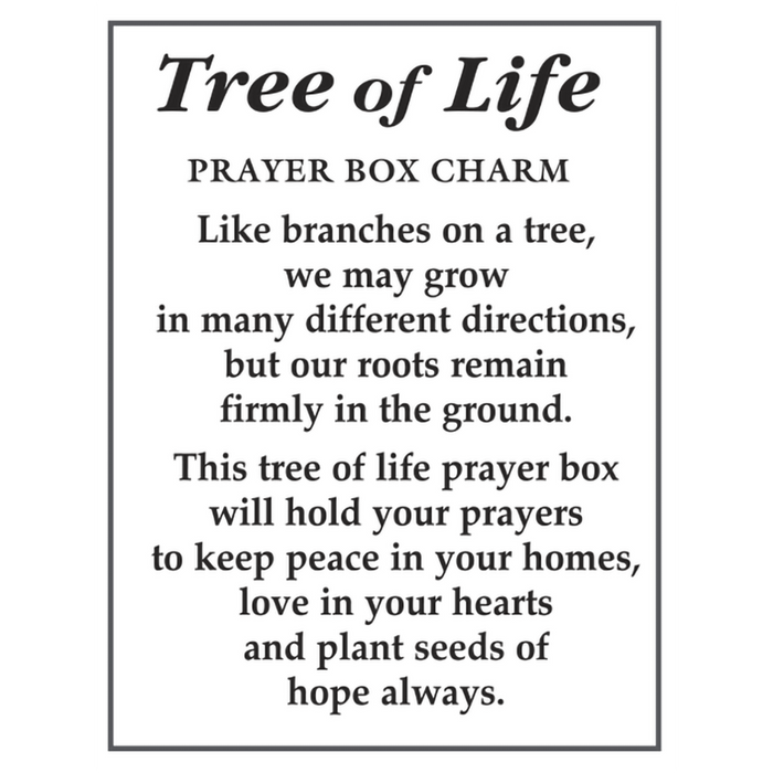 Text description of a Tree of Life prayer box charm with a message about growth and roots.