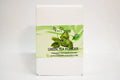 Box of green tea powder with a green tea leaf graphic on a white background