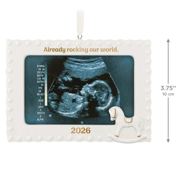 Decorative ornament with ultrasound image and text 'Already rocking our world.' on a white background