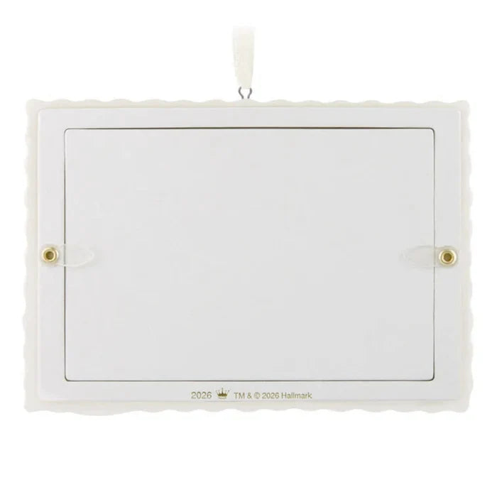 White rectangular frame with gold accents on a white background