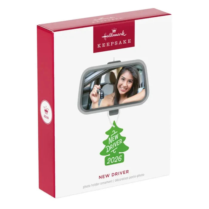 Hallmark Keepsake New Driver 2026 ornament packaging with a mirror and tree design.
