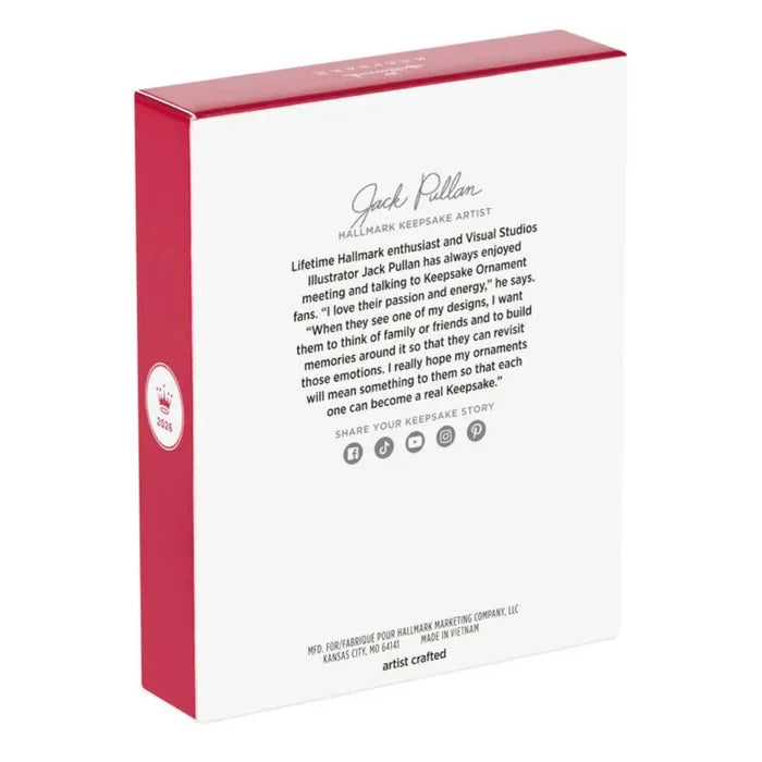 Back of a Hallmark ornament packaging with text and branding