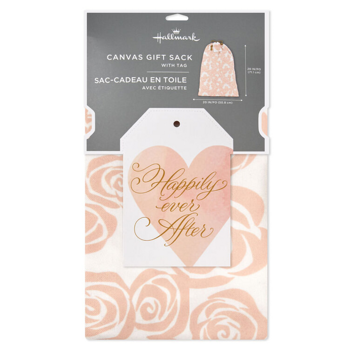 Hallmark : 28" Pink Roses on Ivory Wedding Canvas Gift Sack With Gift Tag