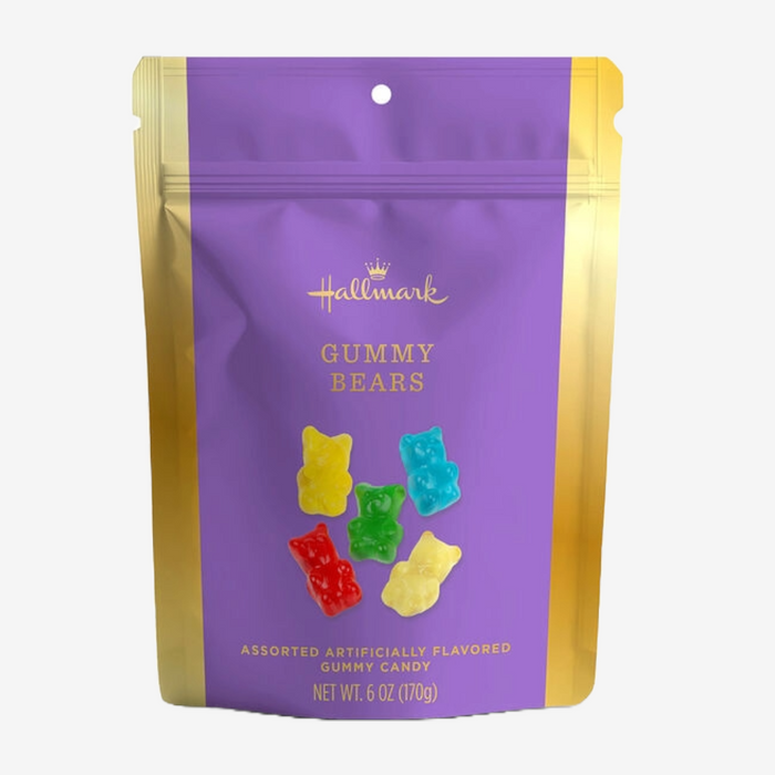 Purple packaging of Hallmark Gummy Bears with colorful gummy bears on a white background