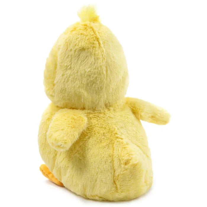 Backside of Yellow plush duck on white background