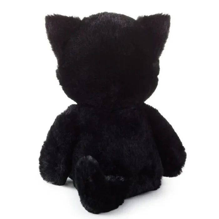 Black plush Hallmark cat toy with sound  on a white background