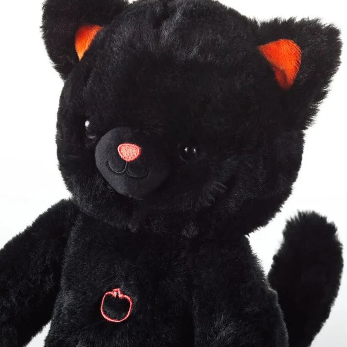 Black plush cat toy with sound and red orange  accents on a white background