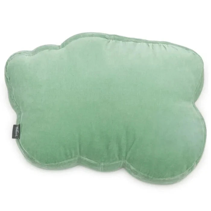 Back view of a carriage-shaped Bridgerton decorative pillow showing solid sage green fabric with soft padding, displayed on a white background.