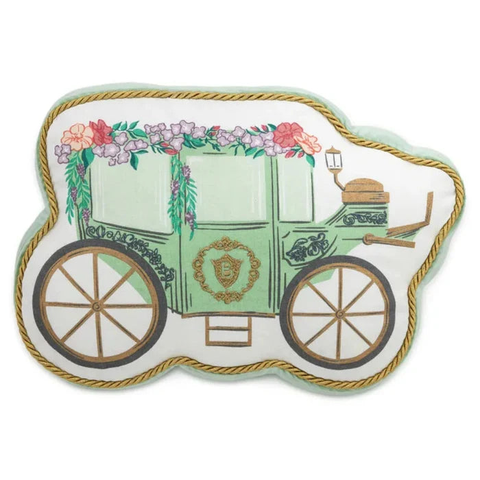 Front view of a carriage-shaped Bridgerton decorative pillow featuring a mint green carriage illustration with floral accents, gold rope edging, and ornate detailing on a white background.