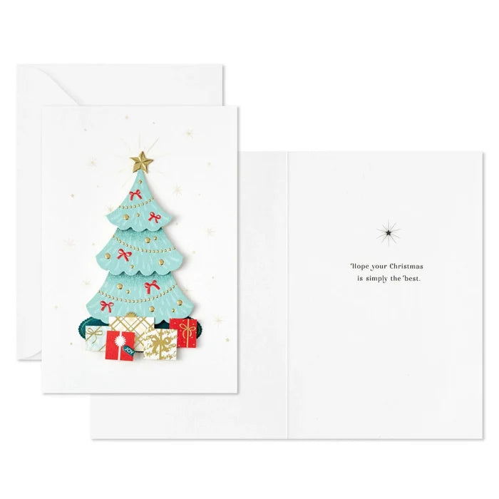 Christmas card with a decorated tree and presents on a white background