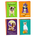 Four Halloween-themed greeting cards with dogs and cats in costumes on a white background.