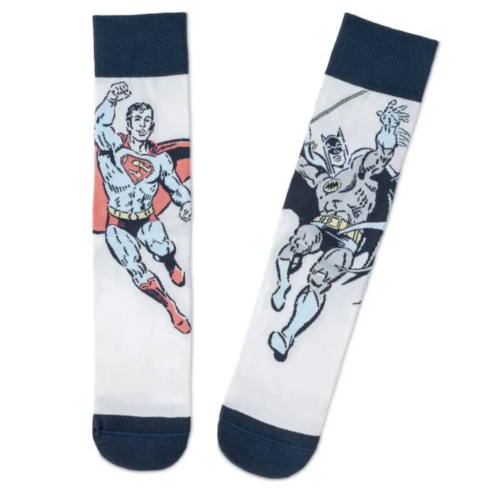 Two socks with superhero designs on a white background