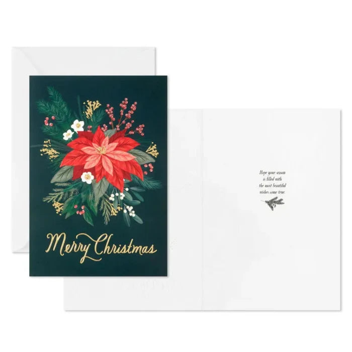 Christmas card with poinsettia design and 'Merry Christmas' text on a white background