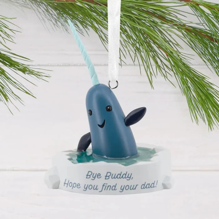 Narwhal from Elf movie ornament with a message on a Christmas tree Branch