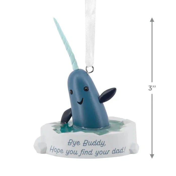 Narwhal  from the Elf movie ornament with a message with product  measurements on a white background