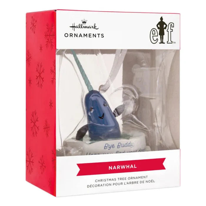 Hallmark Ornaments narwhal from Elf the movie  Christmas tree ornament packaging with red and white design.