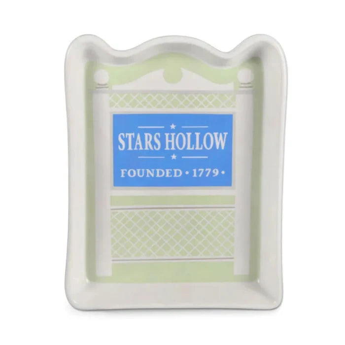 Hallmark Gilmore Girls Trinket Dish with town sign on it, white dish on a white background.