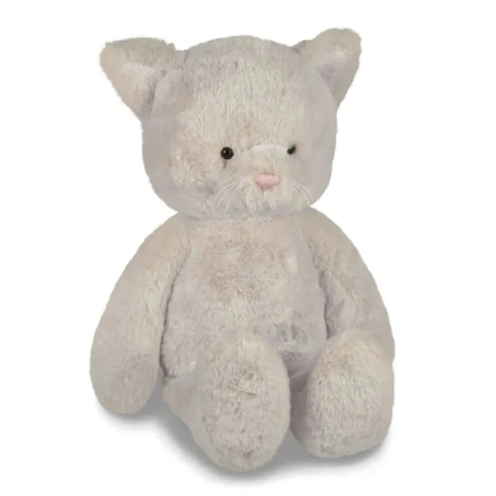 Plush grey cat toy on a white background