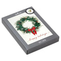 Gray box with a Christmas wreath and 'happy holidays' text on a white background