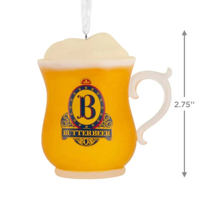 Butterbeer mug ornament with 'B' logo and dimensions on a white background