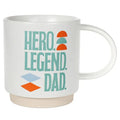 White mug with 'HERO. LEGEND. DAD.' text and colorful design on a white background