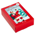 Red gift box with Santa Claus design and 'Have a Very Merry Christmas' text on a white background