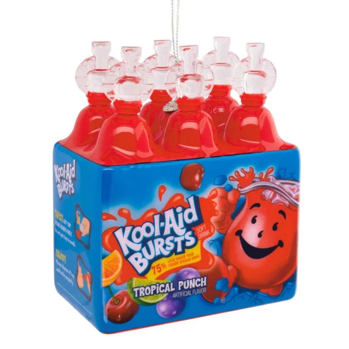 Kool-Aid Bursts Tropical Punch packaging ornament  with multiple pouches on a white background