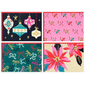 Four decorative cards with festive designs on a white background