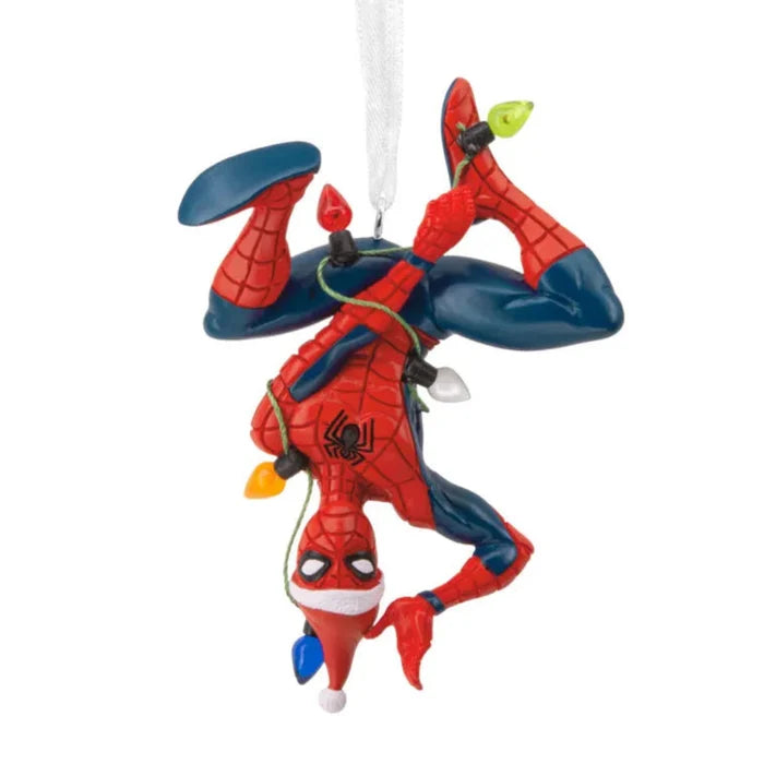 Upside down Spider-Man Christmas ornament on a white background