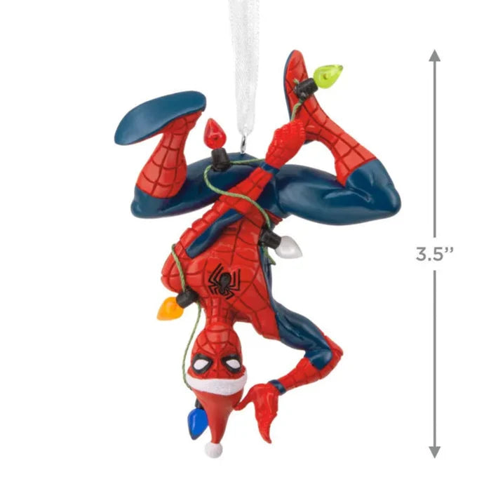 Spider-Man Christmas ornament with measurement label on a white background
