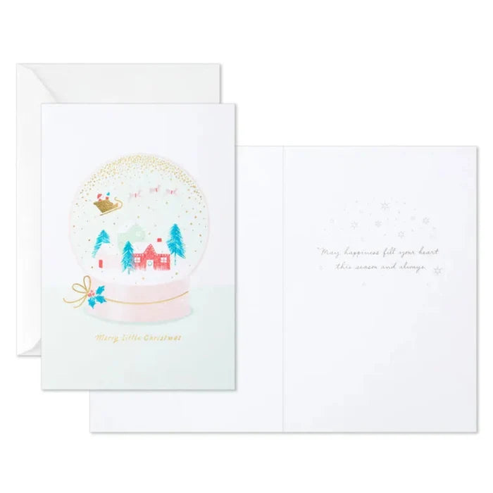 Greeting card with a snow globe illustration and envelope on a white background