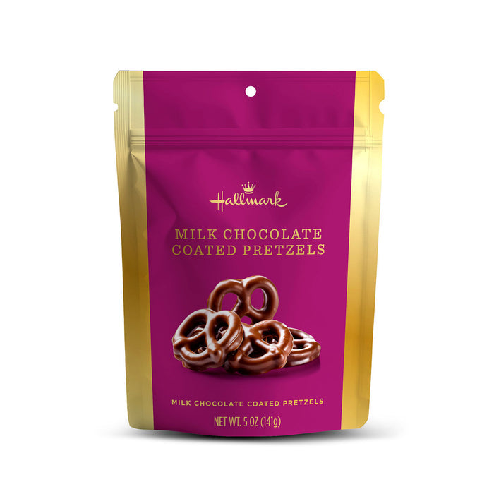 Packaging of Hallmark milk chocolate coated pretzels on a white background