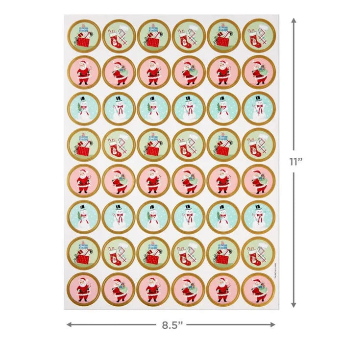 Sheet of Christmas-themed stickers with Santa Claus designs on a white background