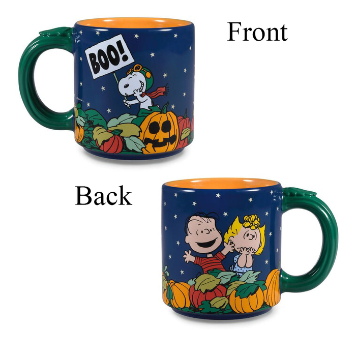 Halloween-themed mug with  Peanuits gang cartoon characters on a white background